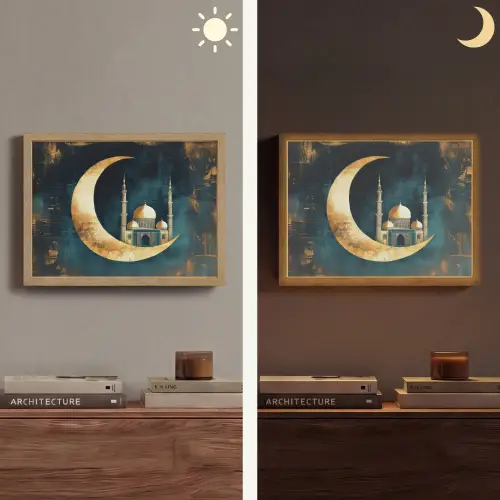 Moskee - Halve maan - Goud - Ramadan - Islamitische Light Box met batterij (Wandlamp) middel -sfeer3