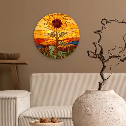 Zonnebloem - Mozaïek - Zonsondergang - Geel Wandcirkel plexiglas klein -sfeer1