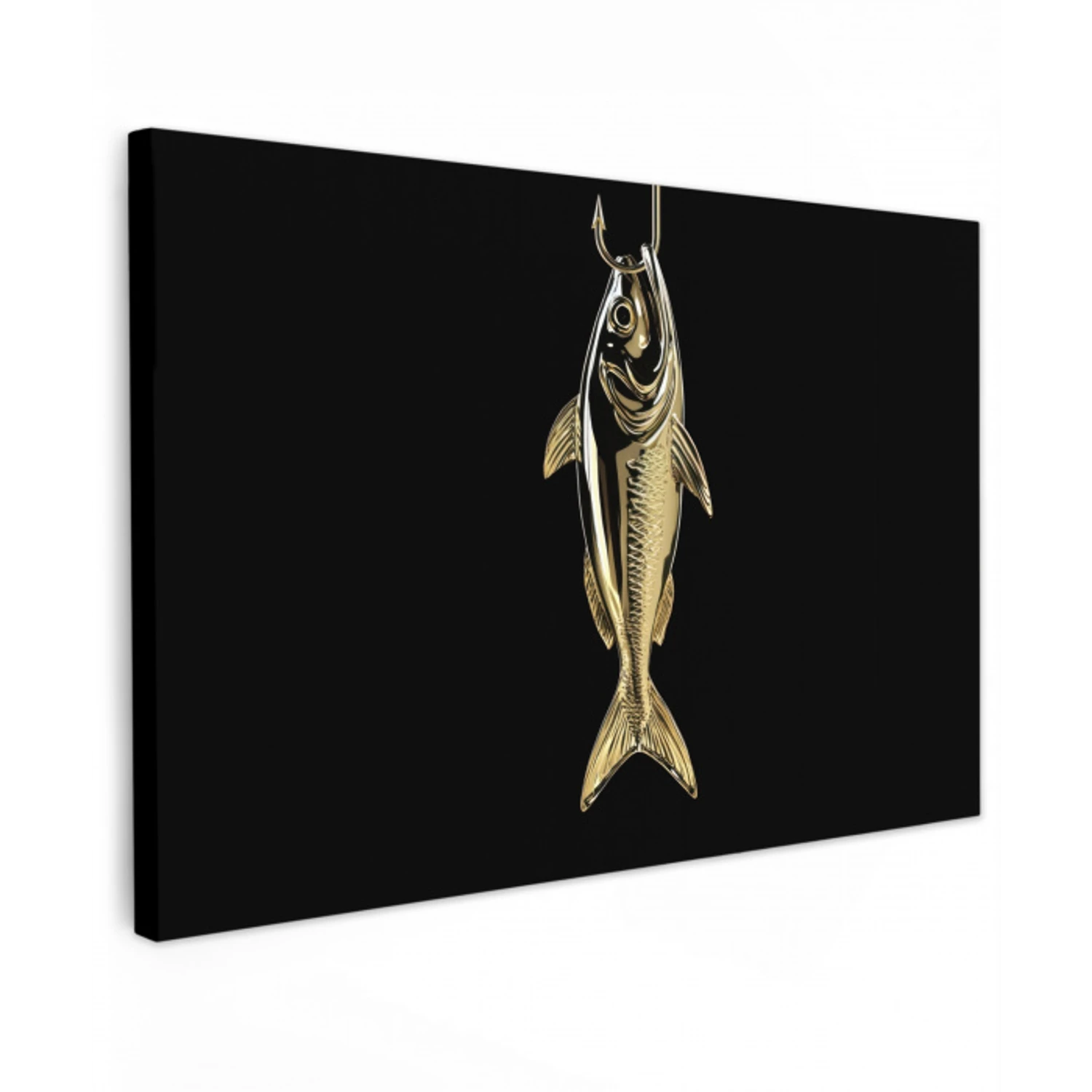 Goud - Vis - Haak - Zwart Tuinposter op houten frame 2 cm dik klein -3d