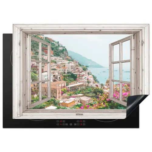 Doorkijk - Italië - Bloemen - Zee - Kust - Stad - Bergen Inductie beschermer vinyl 3mm middel -3d