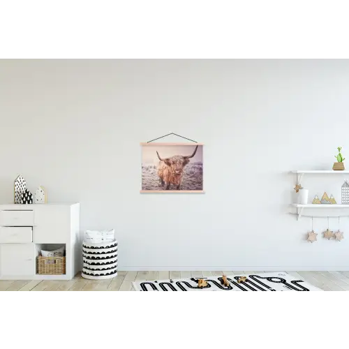 Schotse hooglanders - Licht - Lucht - Natuur textielposter latten blank klein -kinderkamer