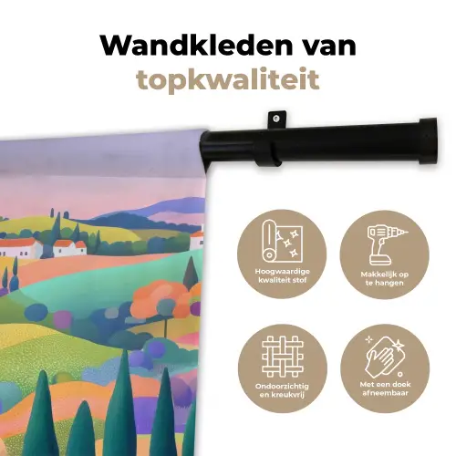 Landschap - Paars - Pastel - Huizen Wandkleed katoen klein -sfeer2