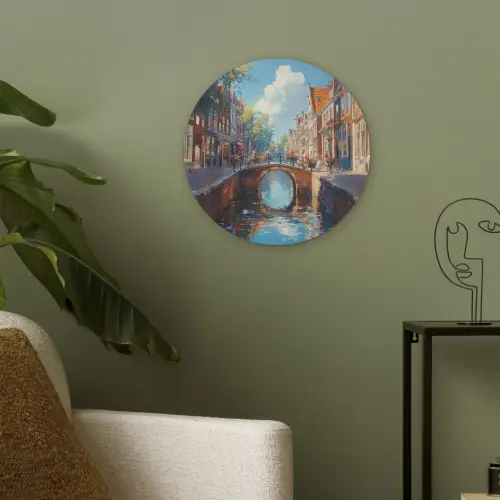 Stad - Gracht - Zon - Fietsen Akoestische PET Vilt - Rond klein -sfeer2