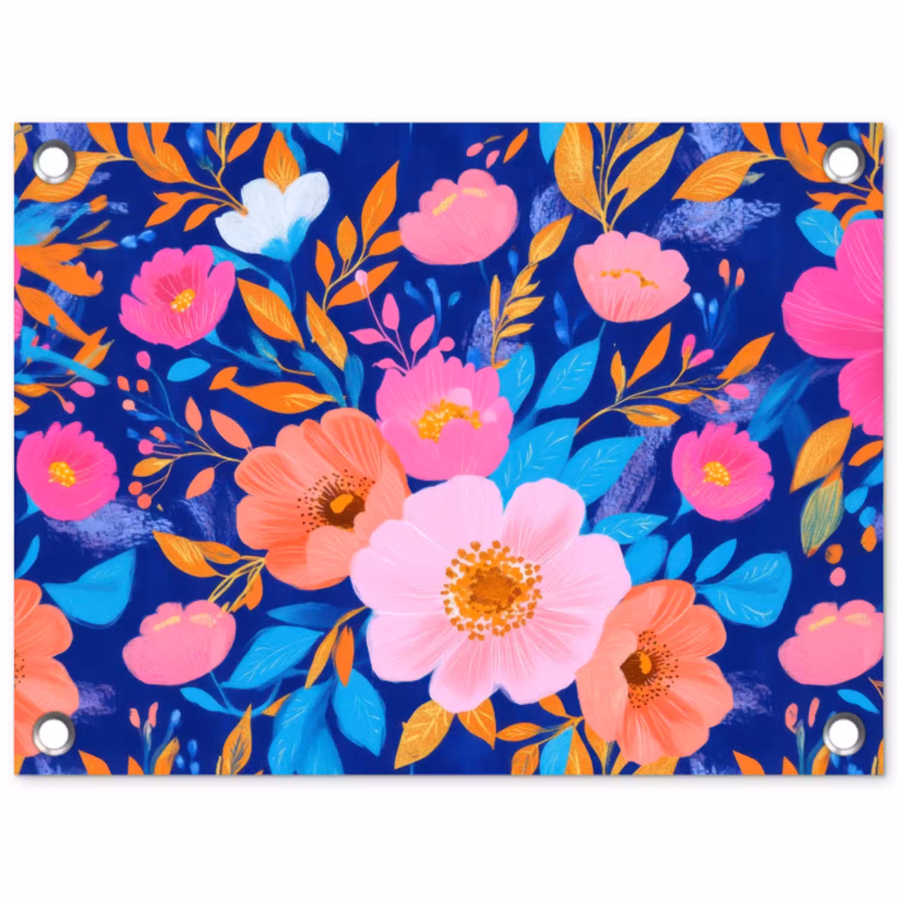 Bloemen - Blauw - Roze tuinposter los doek klein -3d
