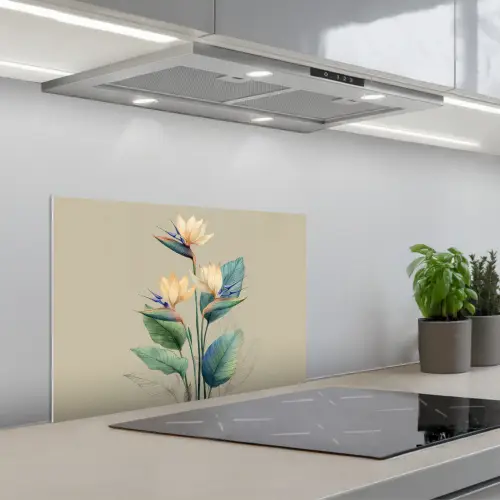 Paradijsvogelbloemen - Blauwgroene bladeren - Beige keuken achterwand spatscherm klein -3d_schuin
