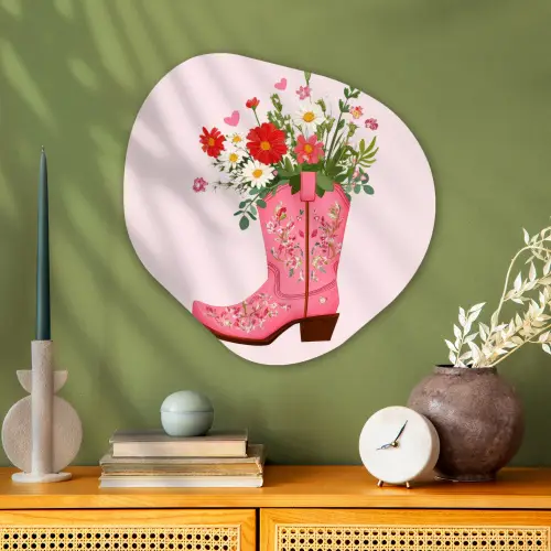 Cowboylaarzen - Roze - Boeket - Bloemen Wandcirkel Organisch Plexiglas middel -sfeer2