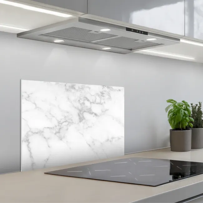 Marmer - Wit - Grijs - Luxe - Marmerlook - Steen keuken achterwand spatscherm klein -3d_schuin
