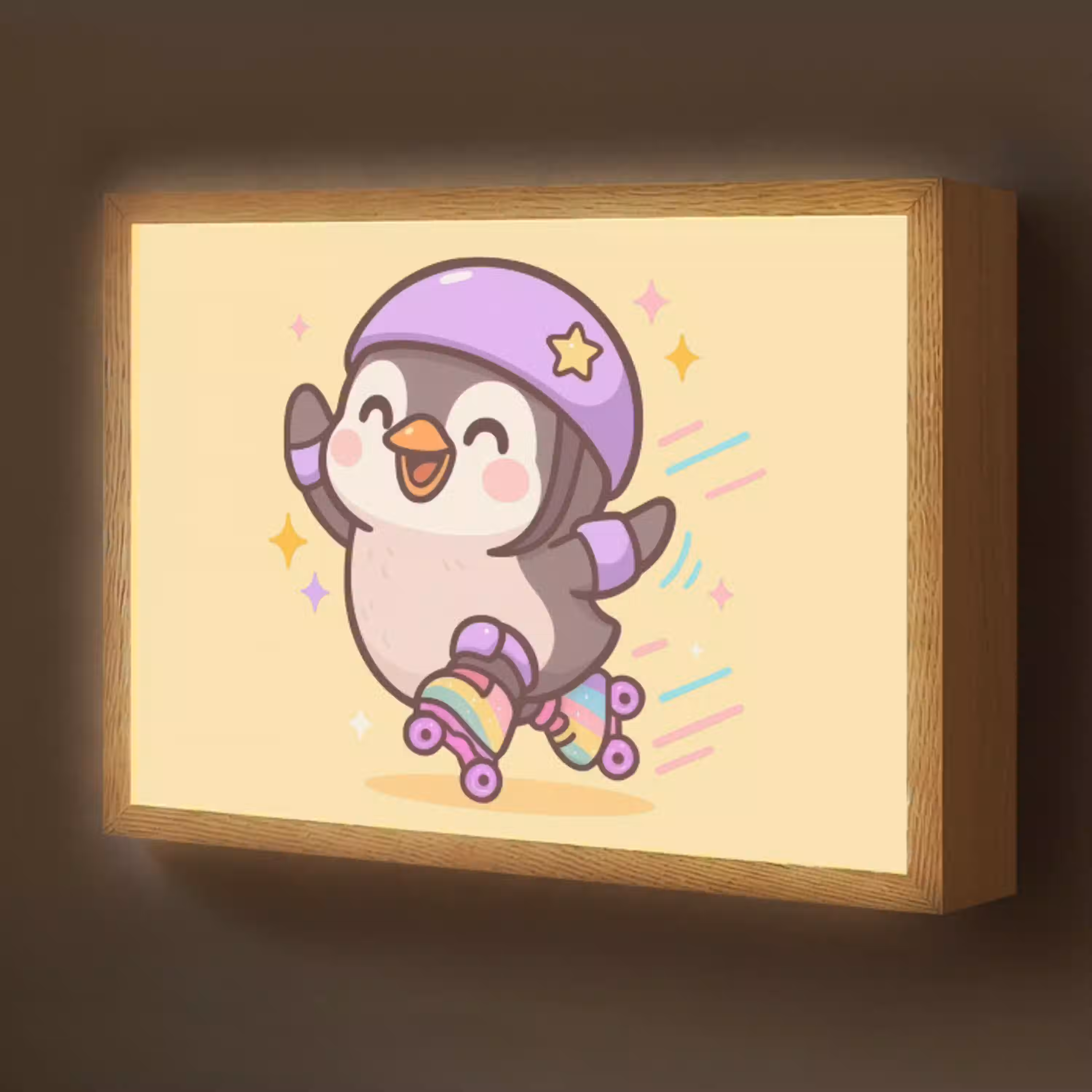 Pinguïn - Rolschaatsen - Geel - Energiek Light Box met batterij (Wandlamp kind) middel -z3d_website