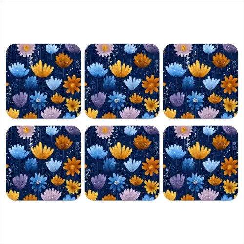 Bloemen - Patroon - Blauw - Contrast onderzetter kurk middel -3d