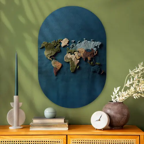 Wereldkaart - Geborduurd - Verschillende tinten Wandcirkel Ovaal Glas middel -sfeer2