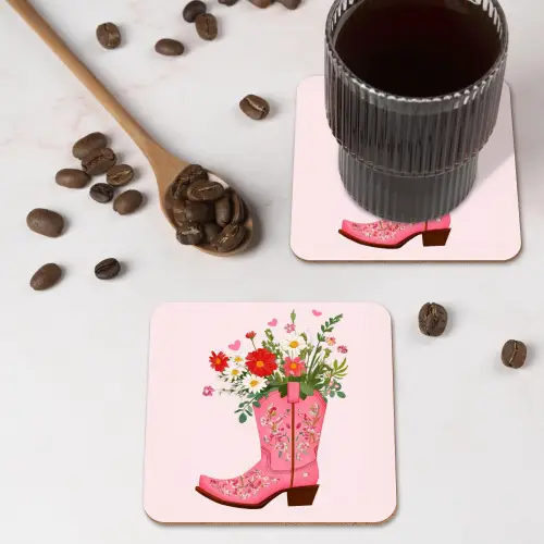 Cowboylaarzen - Roze - Boeket - Bloemen onderzetter kurk middel -sfeer2