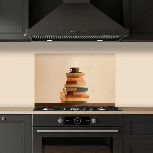 Boeken - Toren - Koffie - Beige keuken achterwand spatscherm klein -sfeer1