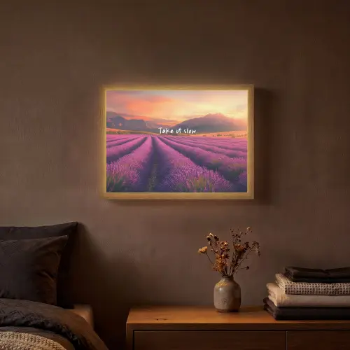 Lavendelveld - Quote - Zonsondergang Light Box met batterij (Wandlamp) middel -sfeer4