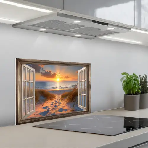 Doorkijk - Strand - Duinen - Zonsondergang keuken achterwand spatscherm klein -3d_schuin