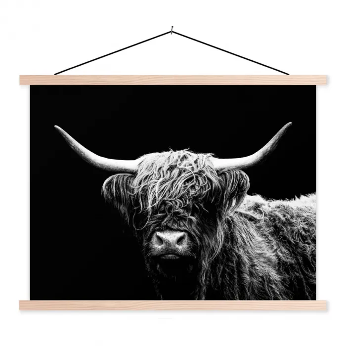 Schotse Hooglander - Koe - Zwart - Wit - Dieren textielposter latten blank klein -3d