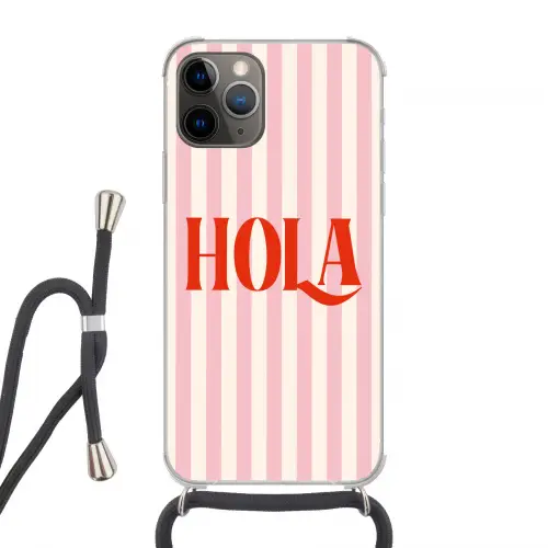 Hola - Quote -  Strepen - Pastel - Roze - Rood - Wit Hoesje iPhone 12 Pro met koord klein -3d