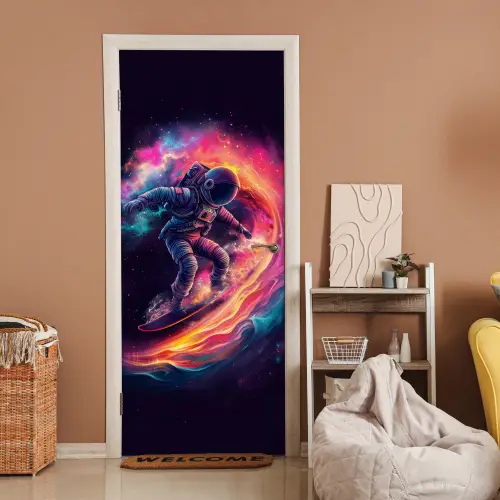 Astronaut - Ruimte - Surfen - Kleurrijk deurposter klein -sfeer1