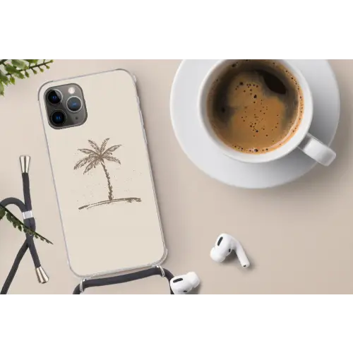 Palmboom - Bruin - Beige - Tropisch Hoesje iPhone 12 Pro met koord klein -oordop