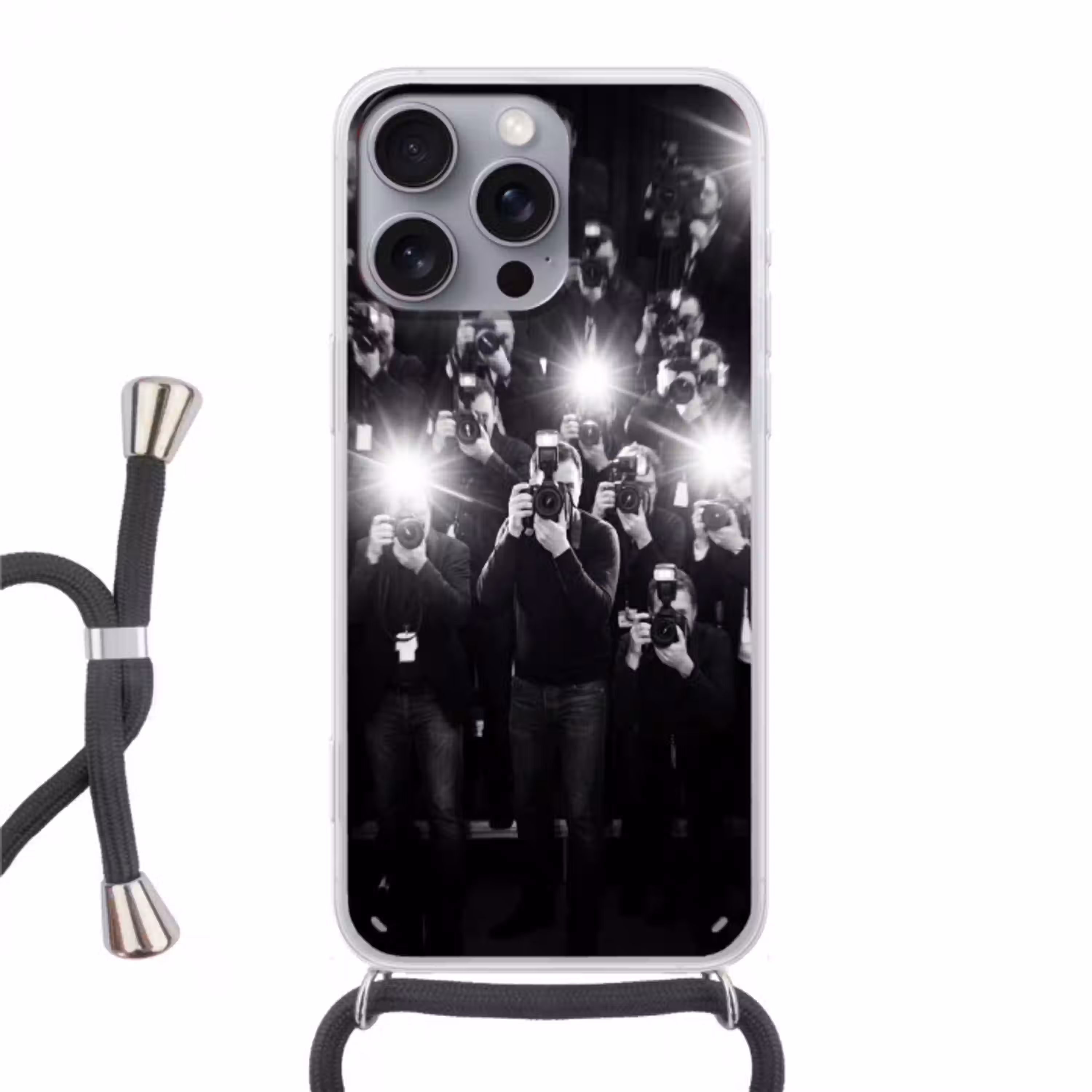 Mensen - Camera - Flitslicht - Zwart-wit - Media Hoesje iPhone 16 Pro Max met koord klein -3d
