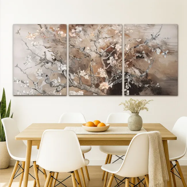 Meerluik schilderij - 3 luiken - Amandelbloesem - Abstract - Beige