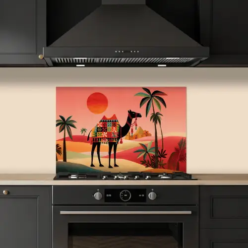 Kameel - Gekleurd tapijt - Duinen - Rode zon keuken achterwand spatscherm klein -sfeer1