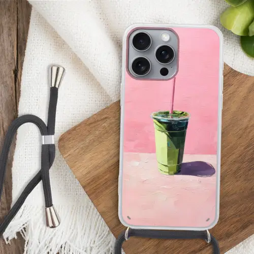 Beker - Rietje - Minimalistisch - Groen Hoesje iPhone 16 Pro Max met koord klein -sfeer4