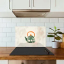 Theepot - Groen - Bloemen - Oranje keuken achterwand spatscherm klein -sfeer2