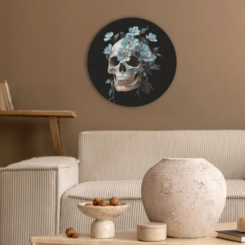 Schedel - Blauw - Bloemen - Bladeren Akoestische PET Vilt - Rond klein -sfeer1