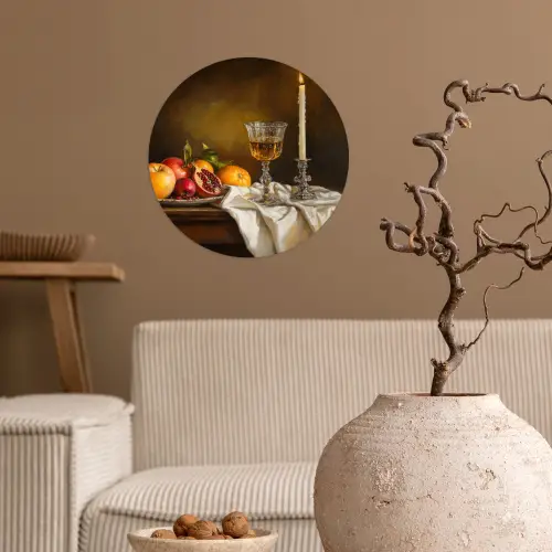 Fruit -  Stilleven - Wijn - Kaars Wandcirkel behangsticker klein -sfeer1