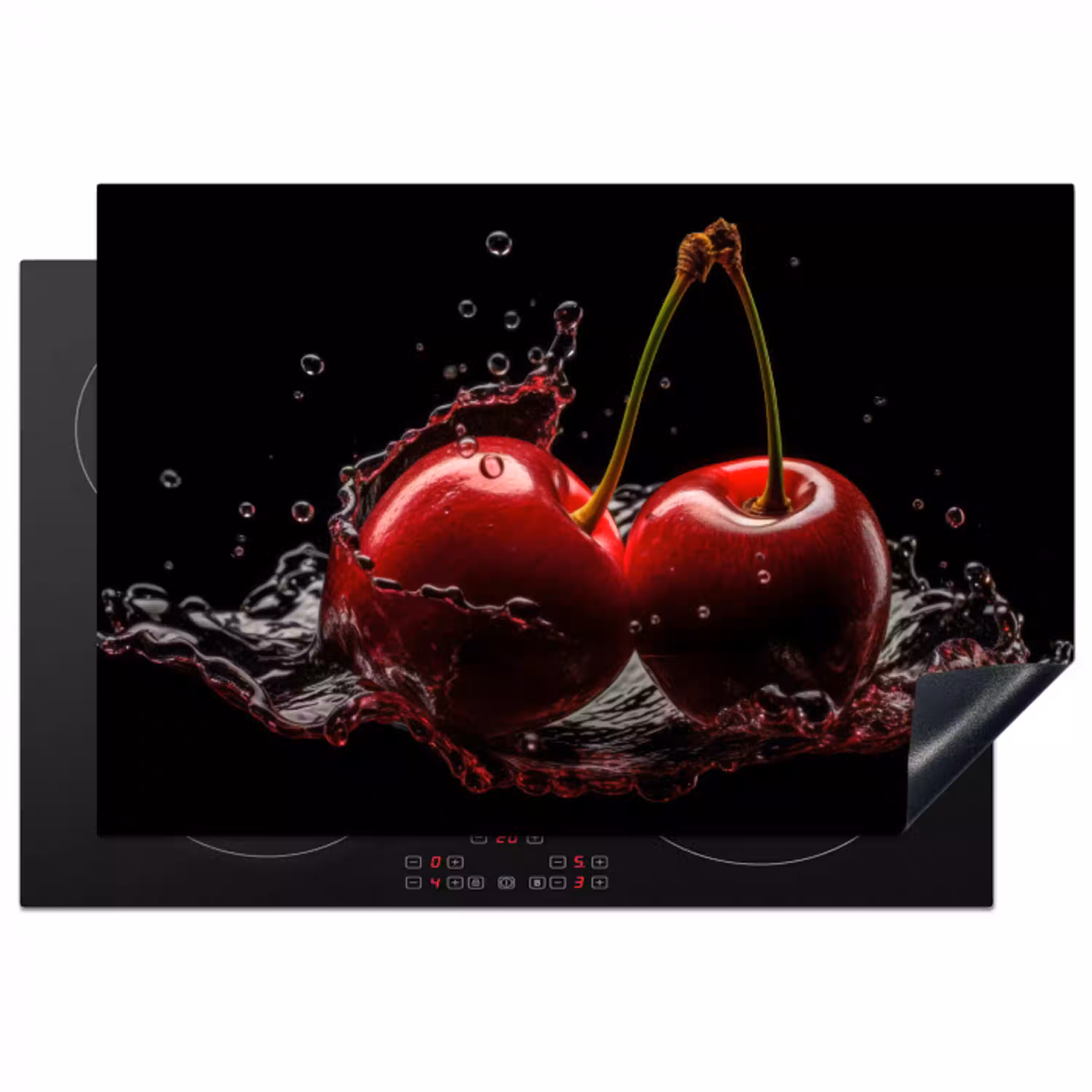 Kersen - Rood - Fruit - Water - Zwart Inductie beschermer vinyl 3mm klein -3d