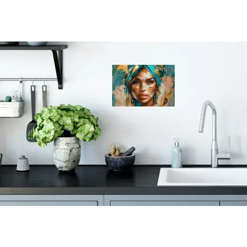 Vrouw - Portret - Goud - Luxe - Blauw Muursticker klein -keuken