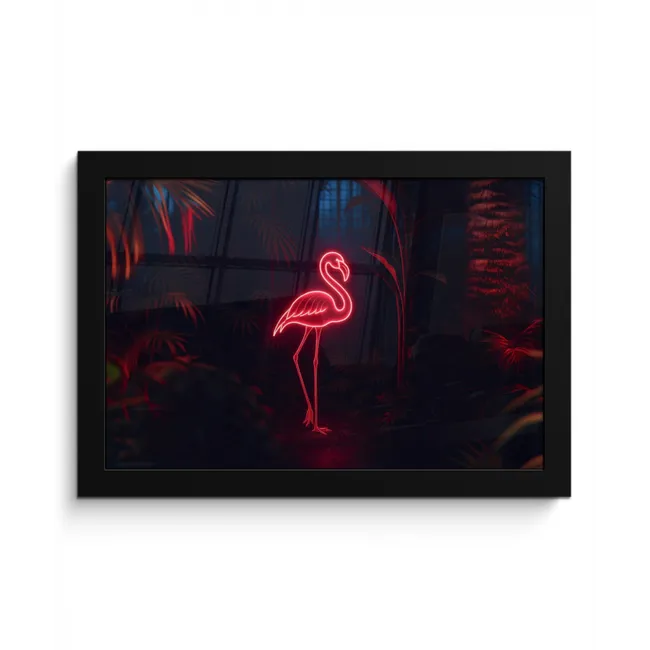 Flamingo - Roze - Neon - Licht fotolijst zwart zonder passe partout klein -3d
