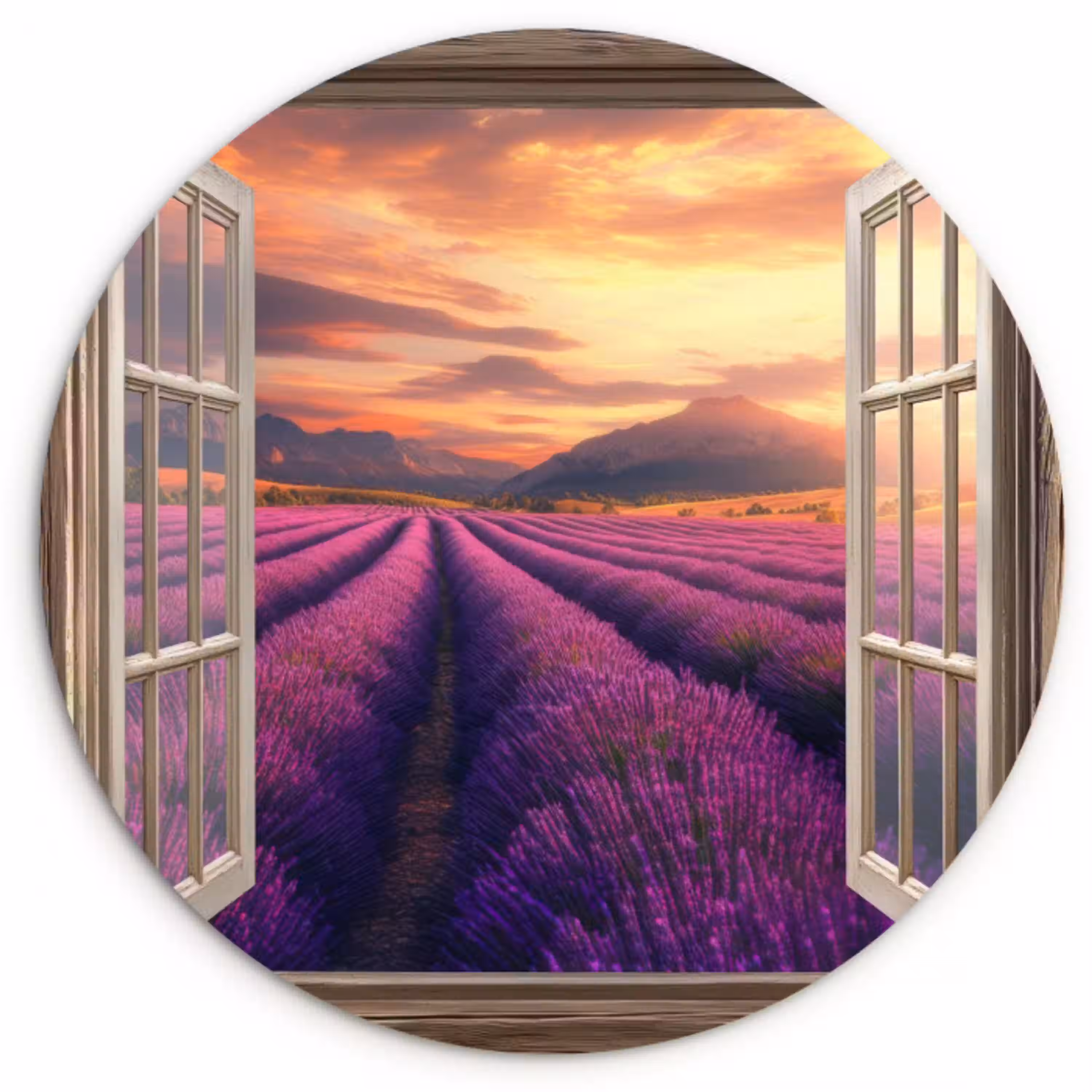 Doorkijk - Lavendel - Landschap - Bloemen - Paars Wandcirkel kunststof plaat 5mm dik klein -3d