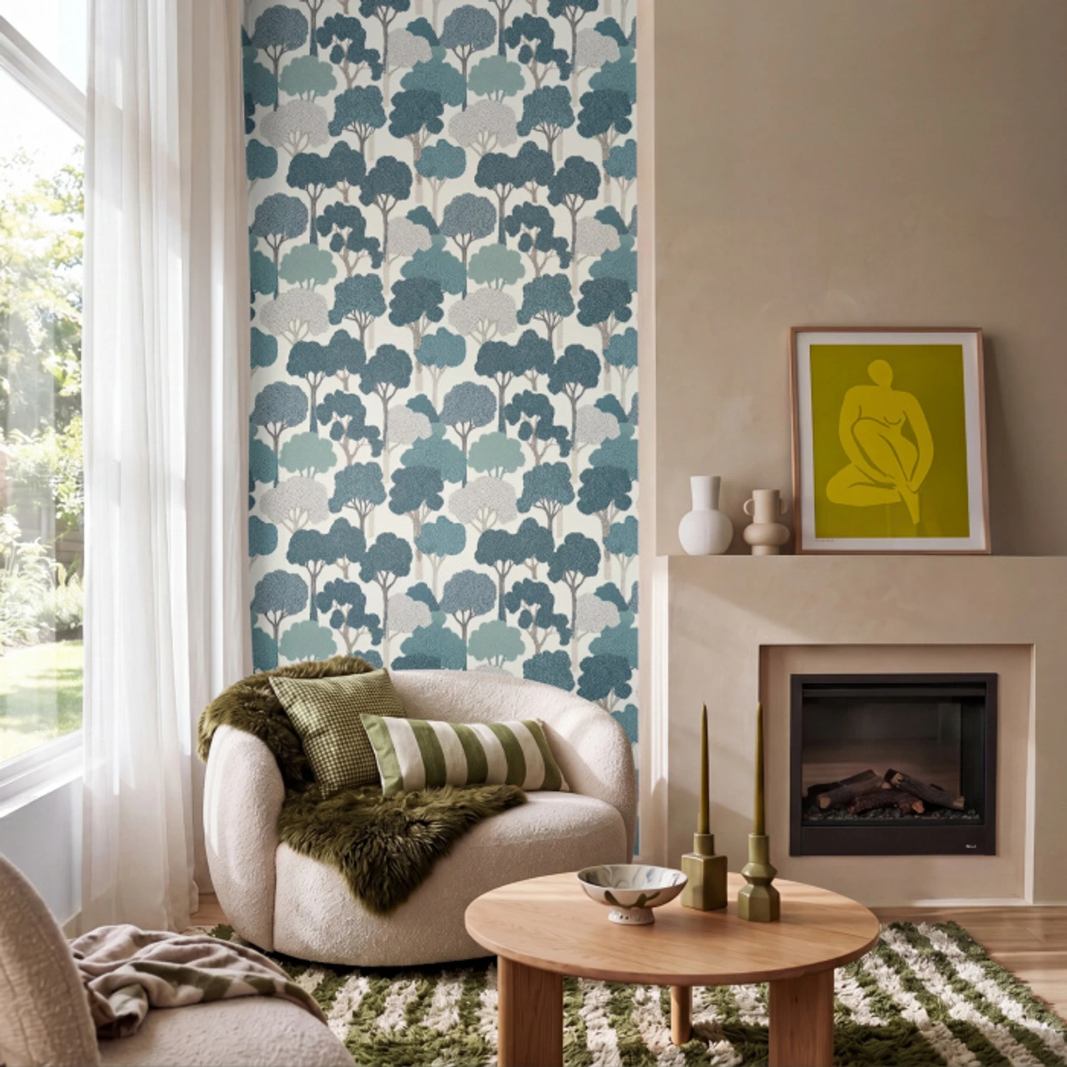 Modern - Bomen - Bos - Patroon - Blauw Behang Vinyl klein 1060 -sfeer2