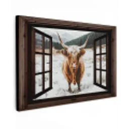 Schotse Hooglander - Landschap - Landelijk - Bergen - Winter - Doorkijk - Donker Tuinposter op houten frame 2 cm dik klein -3d