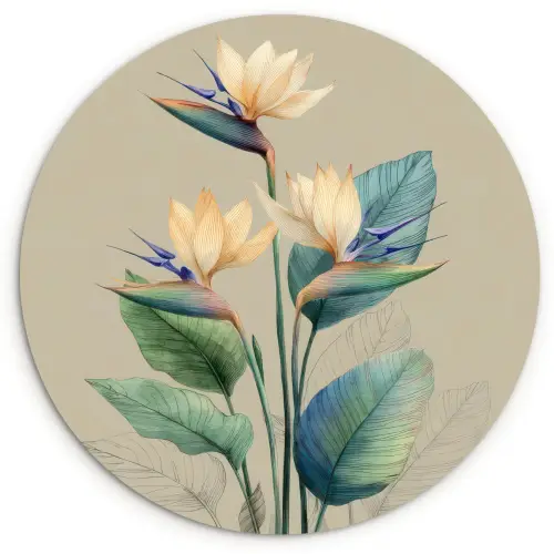 Paradijsvogelbloemen - Blauwgroene bladeren - Beige Wandcirkel kunststof plaat 5mm dik klein -3d