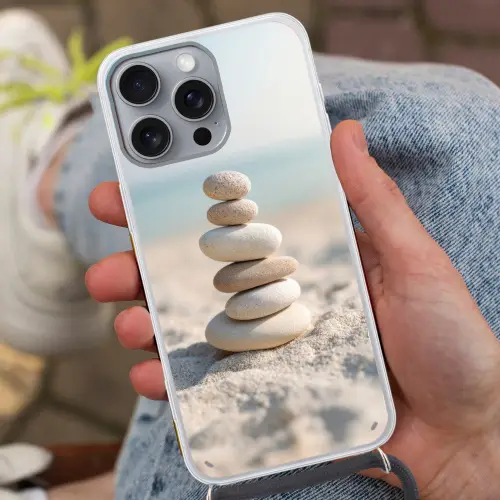Stenen - Stapel - Zand - Zee Hoesje iPhone 16 Pro Max met koord klein -sfeer3
