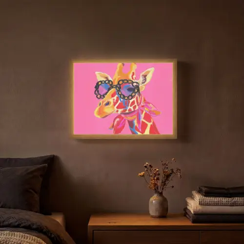 Giraf - Roze - Bril - Sjaal Light Box met batterij (Wandlamp) middel -sfeer4