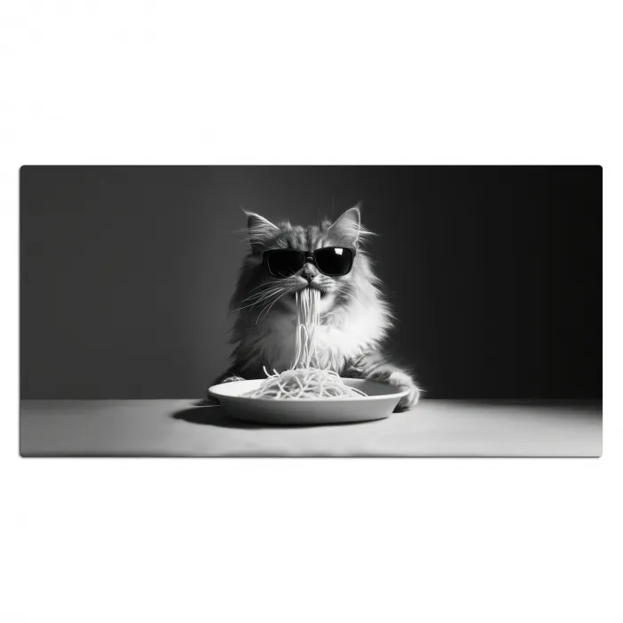 Langharige kat - Zonnebril - Spaghetti - Humor - Zwart - wit Muismat XXL klein -3d_leeg
