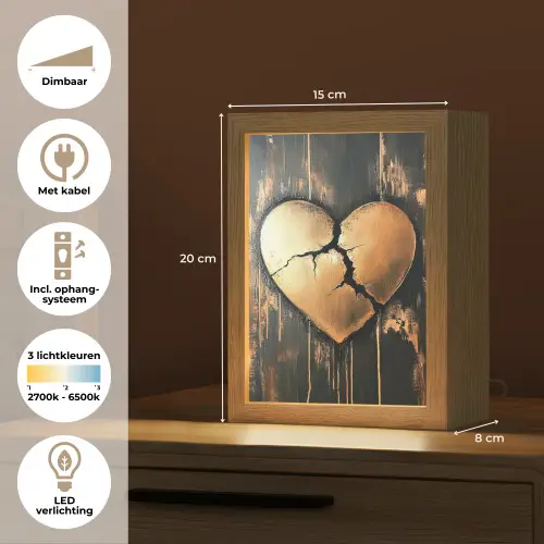 Gebroken hart - Goud - Houtlook - Liefde Light Box met kabel (Tafellamp) klein -USP_NL