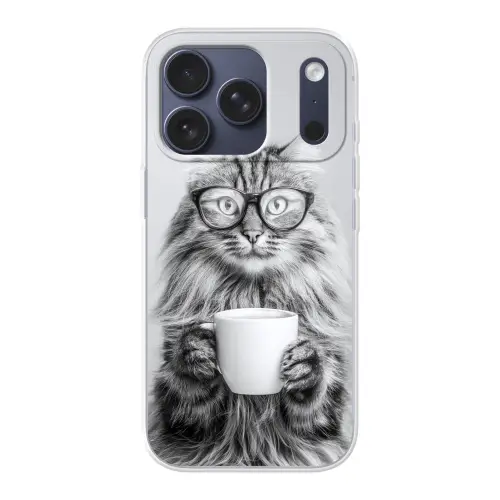 Kat - Bril - Mok - Pluizig Telefoonhoesje iPhone 17 Pro klein -3d