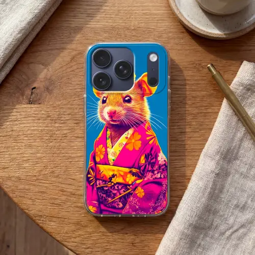 Muis - Kimono - Bloemen - Blauw Telefoonhoesje iPhone 17 Pro klein -sfeer1