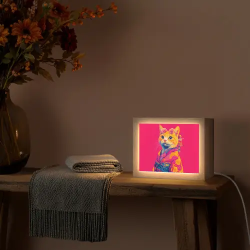 Kat - Kimono - Bloemen - Roze Light Box met kabel (Tafellamp) klein -sfeer4