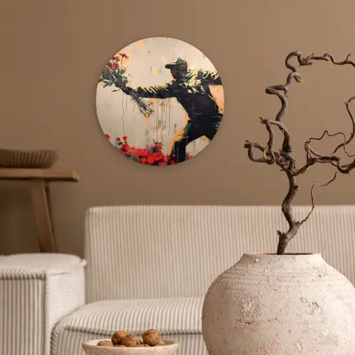 Street art - Man - Bloemen - Rood - Graffiti - Banksy Wandcirkel kunststof plaat 5mm dik klein -sfeer1