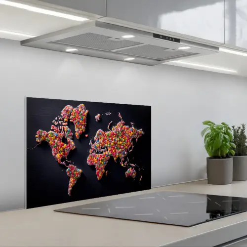 Wereldkaart - Snoepjes - Felle kleuren keuken achterwand spatscherm klein -3d_schuin