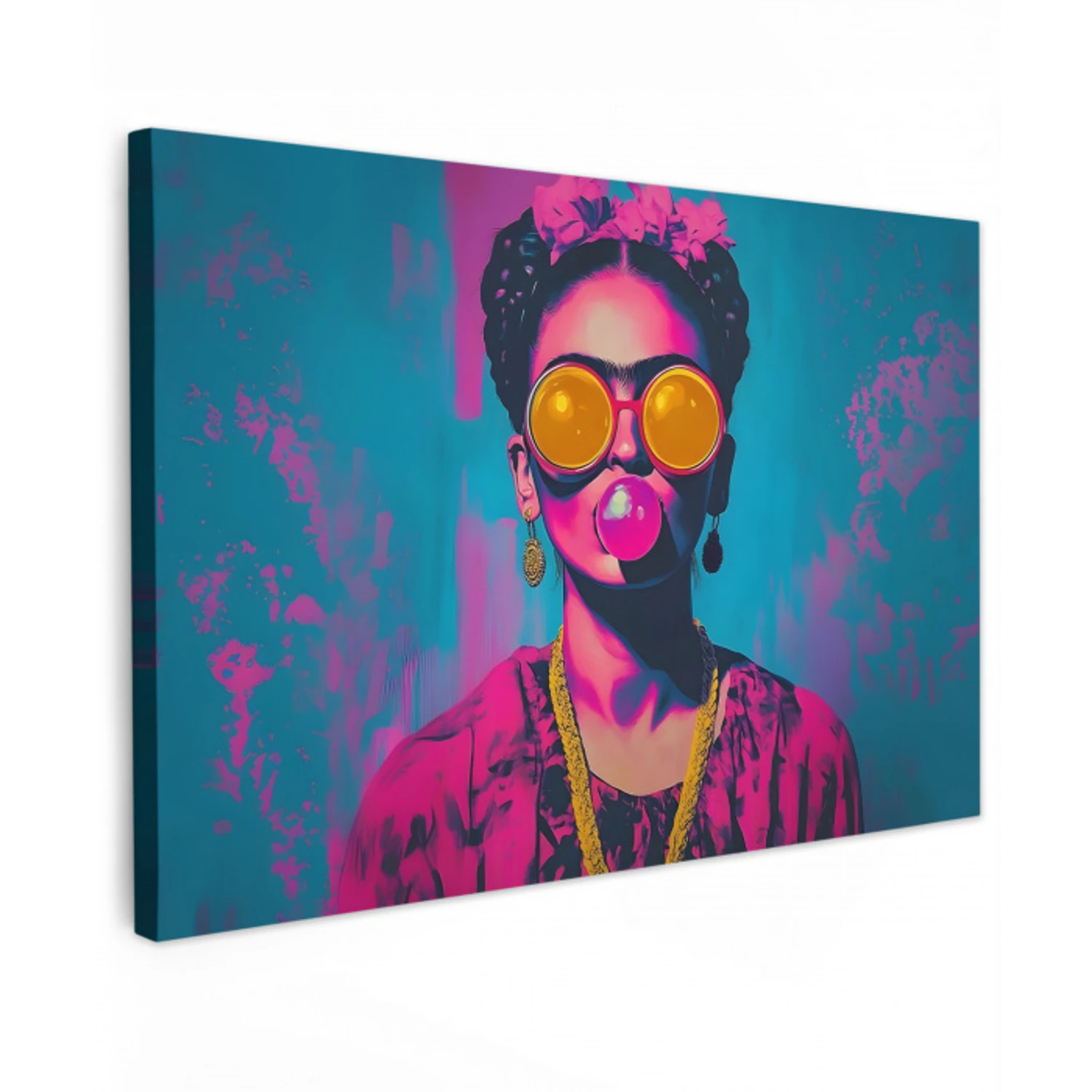 Vrouw - Kauwgom - Zonnebril - Oranje Tuinposter op houten frame 2 cm dik klein -3d