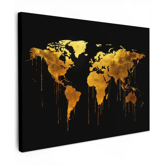 Canvas schilderij - Wereldkaart - Goud - Druipen - Zwart