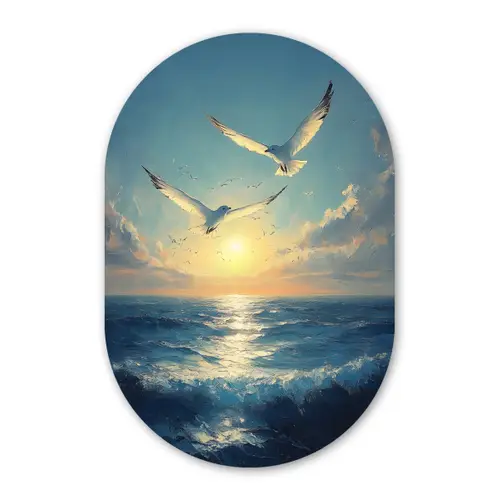 Meeuwen - Zee - Wolken -Blauw Wandcirkel Ovaal Forex klein -3d
