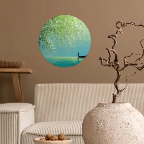 Bootje - Water - Bladeren - Bloesems Wandcirkel behangsticker klein -sfeer1