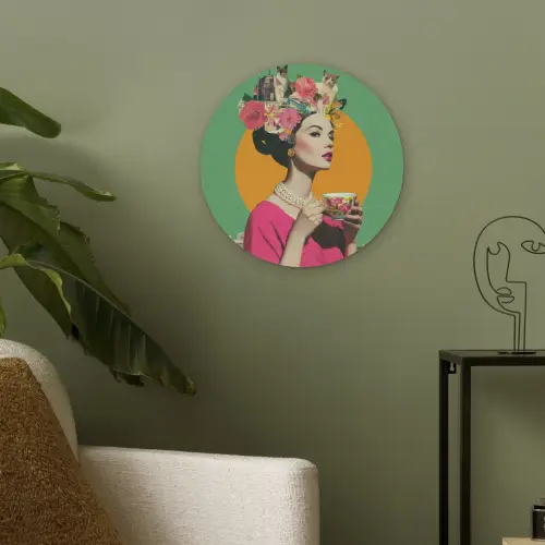 Retro - Vrouw - Stad - Zon Akoestische PET Vilt - Rond klein -sfeer2